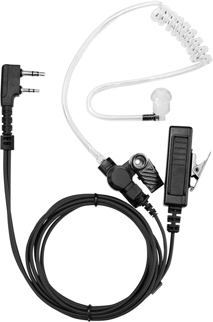 Two Way Radio Headset Compatible with Baofeng, Kenwood 2 Pin Walkie Talkie Surveillance Earpiece with Mic PTT, Acoustic Tube (Black Cable)