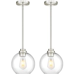 2 Pack Pendant Lights Kitchen Island, 8" Brushed Nickel Pendant Light Fixtures with Globe Clear Glass Shade, Modern Kitchen Island Lighting for Bathroom, AD-22280-2PL-SN