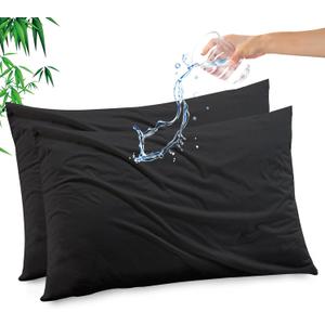 Gogreen Bamboo Rayon Waterproof Protector, Breathable Cover, Cooling Case with Zipper, Super Soft Pillow Cover (2 Packs, Queen 20"x30", Black)