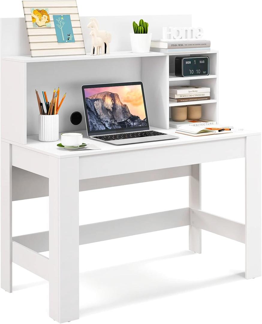 Giantex White Desk with Hutch, Home Office Desk with Bookshelf, Computer Workstation PC Laptop Table with Anti-Toppling Device & Cable Hole, Modern Study Writing Desk for Small Spaces, Bedroom