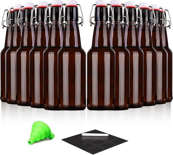 Amber Beer Bottles with Flip Caps, 12oz Glass Bottle with Swinging Top for Airtight Lids, Home Brewing and Fermentation Kombucha, Vanilla Extract, Beverage, Water, Kefir (12 Pack)
