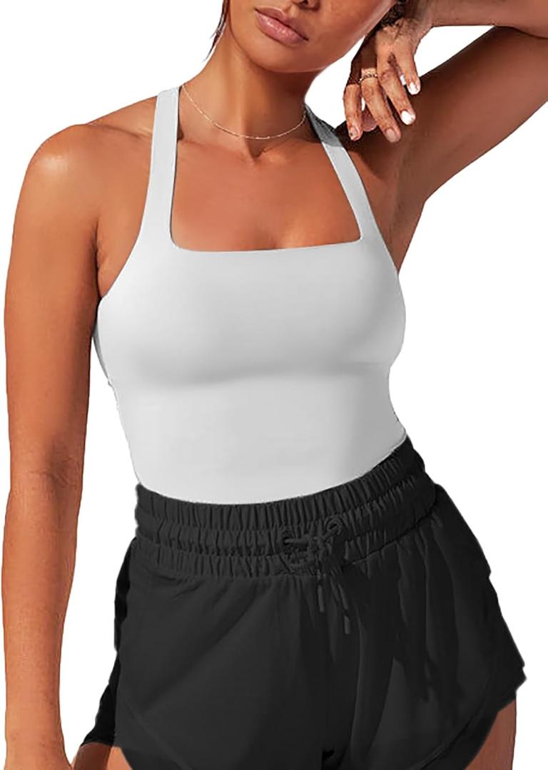 FlexLux Womens Square Neck Longline Sports Bra Racerback Yoga Bra Workout Crop Tank Tops with Built in Bra (White)