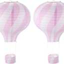 PATIKIL 14x12inch Paper Lanterns, 2Pcs Hot Air Balloon Hanging Decorative Lantern Wavy Stripes Design for Party Decorations Birthday Wedding Bridal Showers Decor Supplies, Pink