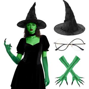 Witch Costume Set Womens Wicked Witch Hat Green Claw Gloves Glasses Socks Halloween Costume Cosplay Accessories (3pcs)