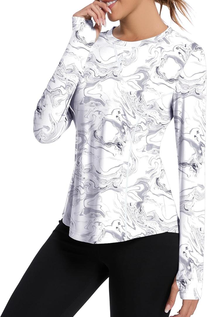 Avoogue Women UPF 50+ UV Shirts Long Sleeve with Thumb Holes Workout Sun Shirt Quick Dry Athletic Hiking Running Tops (Medium, Black-white)