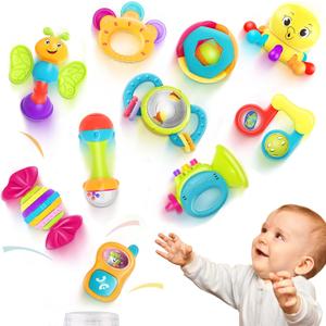 iPlay, iLearn 10pcs Baby Rattles Toys Set, Infant Grab Shake Rattle, Easy Hold Sensory Teether, Babies Development Learning Music Toy, Newborn Shower Birthday Gift 1 2 3 4 5 6 7 9 10 12 Month Boy Girl