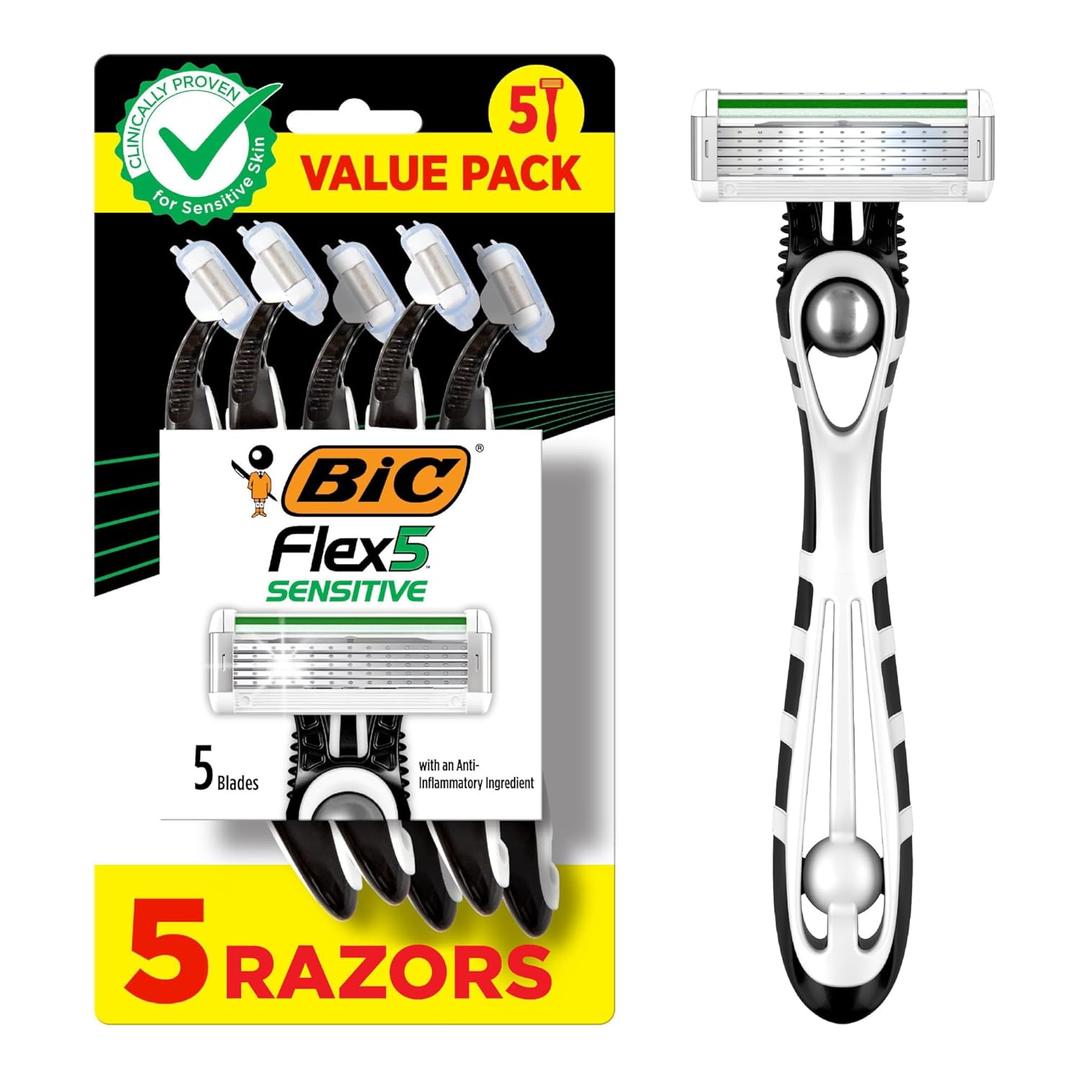 BIC Flex 5 Sensitive Men's Disposable 5-Blade Razors, Comfortable Shave, 5-Pack