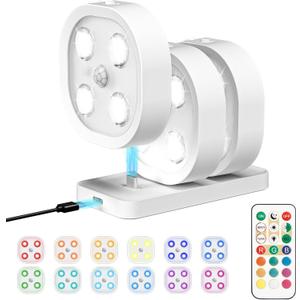 3PCS Motion Sensor Step Light, Rechargeable Puck Lights with Remote, Under Cabinet Lights with 3 Colors&RGB, Magnet Stick on Light for Closet, Hallway, Stairway, Bathroom, Bedroom, Kitchen
