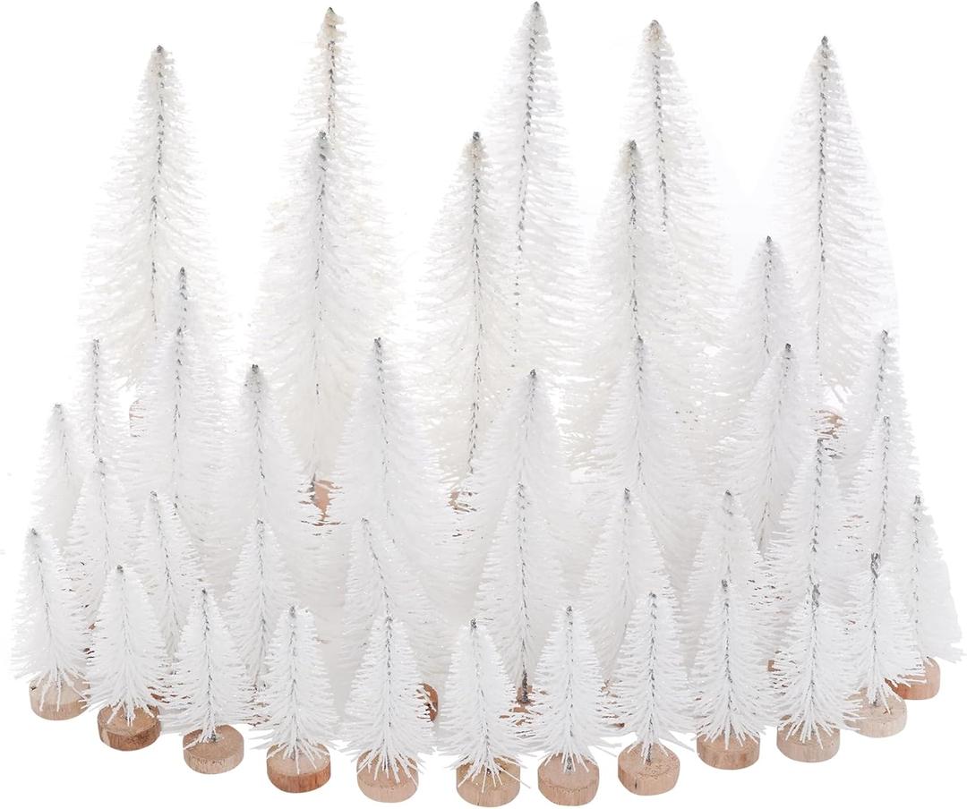 Yookat 40Pcs Mini Christmas Trees Artificial Mini Pine Trees with Wood Base Sisal Trees Bottle Brush Trees Assorted Color for Christmas Decoration Winter Ornaments (White)