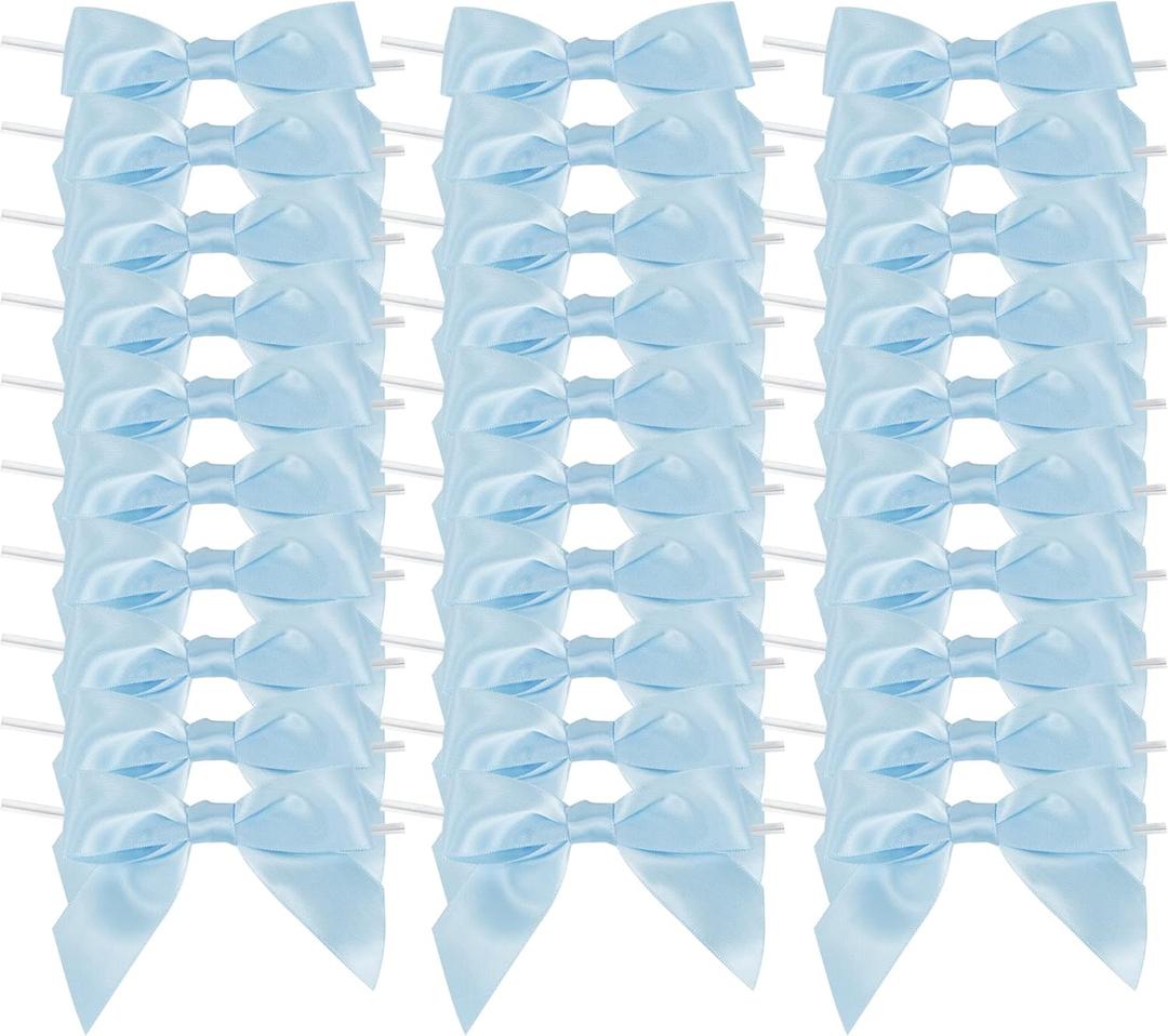 AIMUDI Light Blue Satin Ribbon Twist Tie Bows 3.5" Pre-Tied Baby Shower Bows Premade Baby Blue Bows for Crafts Treat Bags Cake Pop Gift Wrapping Wedding Favors Gender Reveal Birthday - 50 Counts