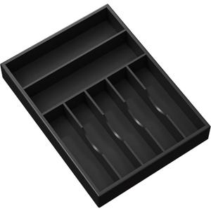 Kitchen Bamboo Drawer Organizer - Inch Silverware Utensil Tray Holder with Deep Grooved Divider - 7 Slots Total Bamboo Caddy for Flatware, Cutlery, Knives, Forks, Spoons(Black)