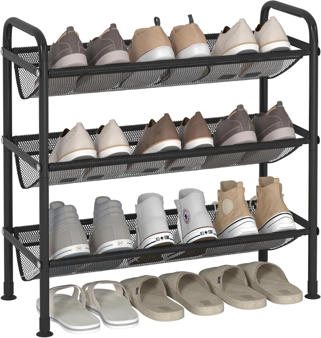 JSB 3 Tier Shoe Rack for Closet Mesh Fabric Metal Shoe Racks, Shoe Storage Organizer Small Narrow Shelf for Entryway, Hallway, Dorm Room (Black, 3 Tier)