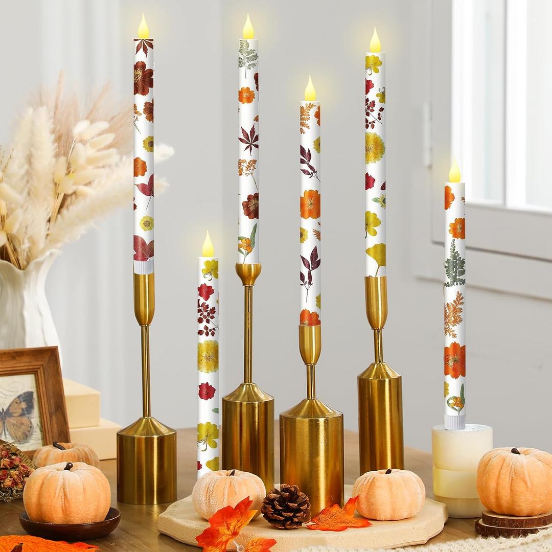 Nuanchu 6 Pcs Thanksgiving Flameless Taper Candles 10.6" LED Fall Candle Sticks Maple Leaf Battery Operated Taper Candles Flickering for Autumn Thanksgiving Harvest Dinner Table Home Party Decor