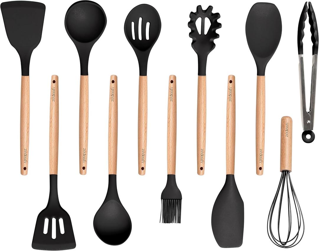11-Piece Silicone Kitchen Utensils Set with Non Toxic Spatula, Tongs, Whisk, Turner & Ladle  Heat Resistant, Non-Scratch Cooking Tools with Wooden Handles, BPA-Free, Dishwasher Safe (Black)