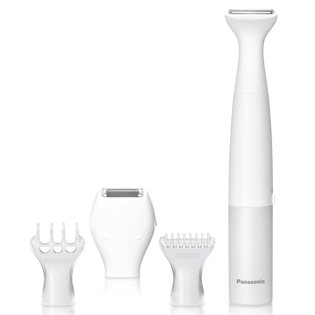 Panasonic Bikini Trimmer and Shaver for Women with 4 Attachments for Fast Easy Gentle Grooming in Intimate Areas, Use Wet/Dry, Electric Razor, Battery-Operated ES-WV62-H (White/Silver)
