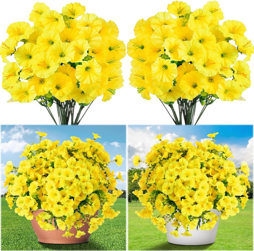 Hotop 20 Bundles Artificial Morning Glory Flowers for Outdoor Spring Summer UV Resistant Artificial Flowers Faux Silk Petunia Eucalyptu Realistic Plant for Outside Home Yard Porch Decor(Yellow)