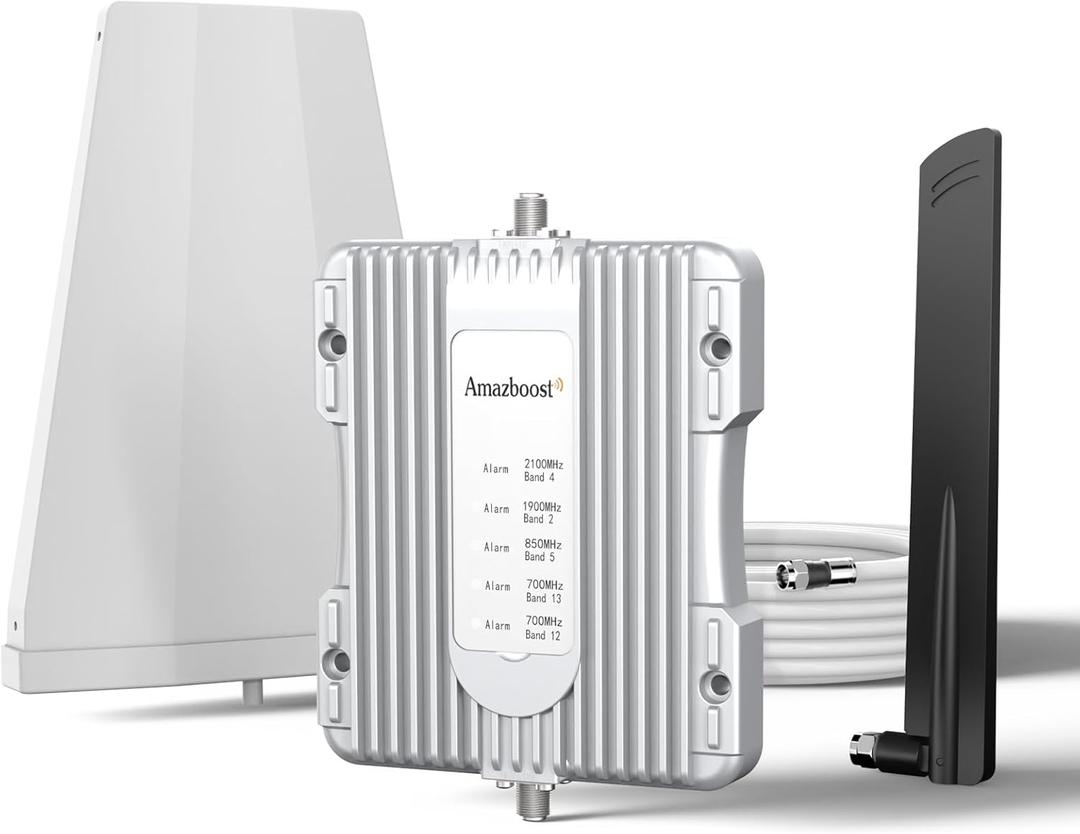 Amazboost Cell Phone Booster for Home, Cell Phone Signal Booster Kit, All U.S. Carriers -Compatible with Verizon, AT&T, T-Mobile, Sprint & More-5G 4G LTE 3G FCC Approved (Silver)