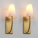 Yosoan Set of 2 Antique Brass Fabric Wall Sconce Bedside Indoor Light, Boho Modern Vintage Industrial Vanity Fixture, White Long Cone Fabric Shade for Bedroom Living Room Corridor Hallway Home Decor