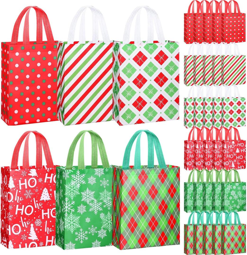 Sweetude 60 Pcs Reusable Christmas Tote Bags Bulk 12.6 x 9.8 x 4.3 Inch Red Green White Stripes Polka Dots Gift Bags with Handles Non Woven Snowflakes Xmas New Year's Shopping Holiday Party Supplies
