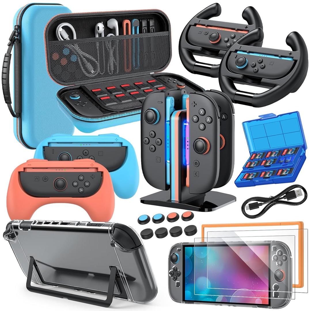 Switch 2 Accessories, Bundle Case for Nintendo Switch 2 (2025), MENEEA 20IN1 Kits: Carrying Case, Controller Charger Dock, Grips for Joy Con,Steering Wheels for Mario Kart,Protective Cover for Controller Console for Switch 2 (Black)