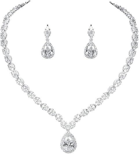 WeimanJewelry White Gold/Gold Plated Women Cubic Zirconia CZ Marquise Teardrop Bridal Tennis Necklace and Drop Earring Set for Wedding Brides