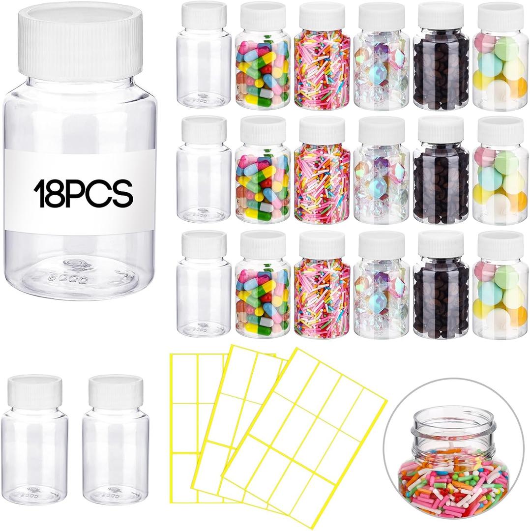 Vesici 18 Pcs 80 ml Empty Clear Pill Bottle Plastic Medicine Reagent Bottle with White Screw Cap Solid Powder Case Refillable Containers with Label Sticker for Liquid Solid Powder Medicine