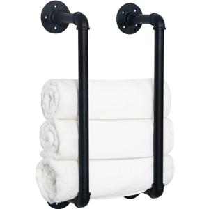 HouseAid Industrial Pipe Towel Rack, Farmhouse Bathroom Towel Storage Holder, Vintage Style Towel Organization, Wall Mounted, Matte Black (16 Inch (Black))