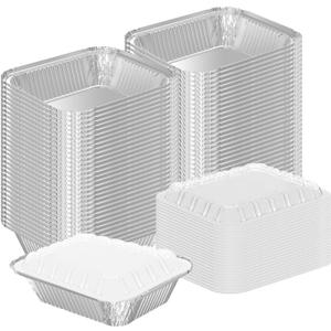 WANBAO 50 PACK 8.3"x6.2" Disposable Tin Foil Pans with Plastic Lids 2.25LB Aluminum Foil Food Containers for Cooking, Baking, Catering Party Meal Prep, Take Out, Freeze, Food Storage