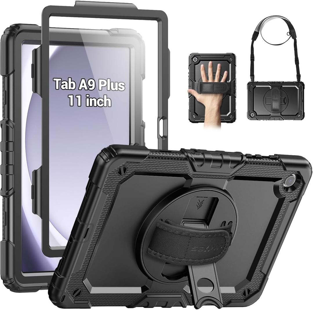 SEYMAC Case for Samsung Galaxy Tab A9+/ A9 Plus Case 11" 2023 (SM-X210/X216/X218), Heavy Duty Shockproof Protective Case with Screen Protector, Rotating Stand and Hand/Shoulder Strap, Black