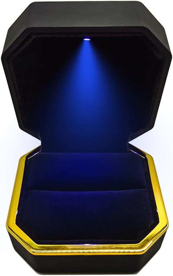 GBYAN Ring Box with LED Light Jewelry Display Gift Box for Proposal,Engagement, Wedding (black) (2.5" x 2.5" x 1.8")
