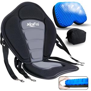 NEW-Vi Deluxe Kayak Seat with Gel Cushion & Storage Bag - Padded Ergonomic Backrest for Kayak, Canoe, SUP, Fishing Boat - Anti-Slip & Waterproof (Black-Grey Seat+Blue Cushion)
