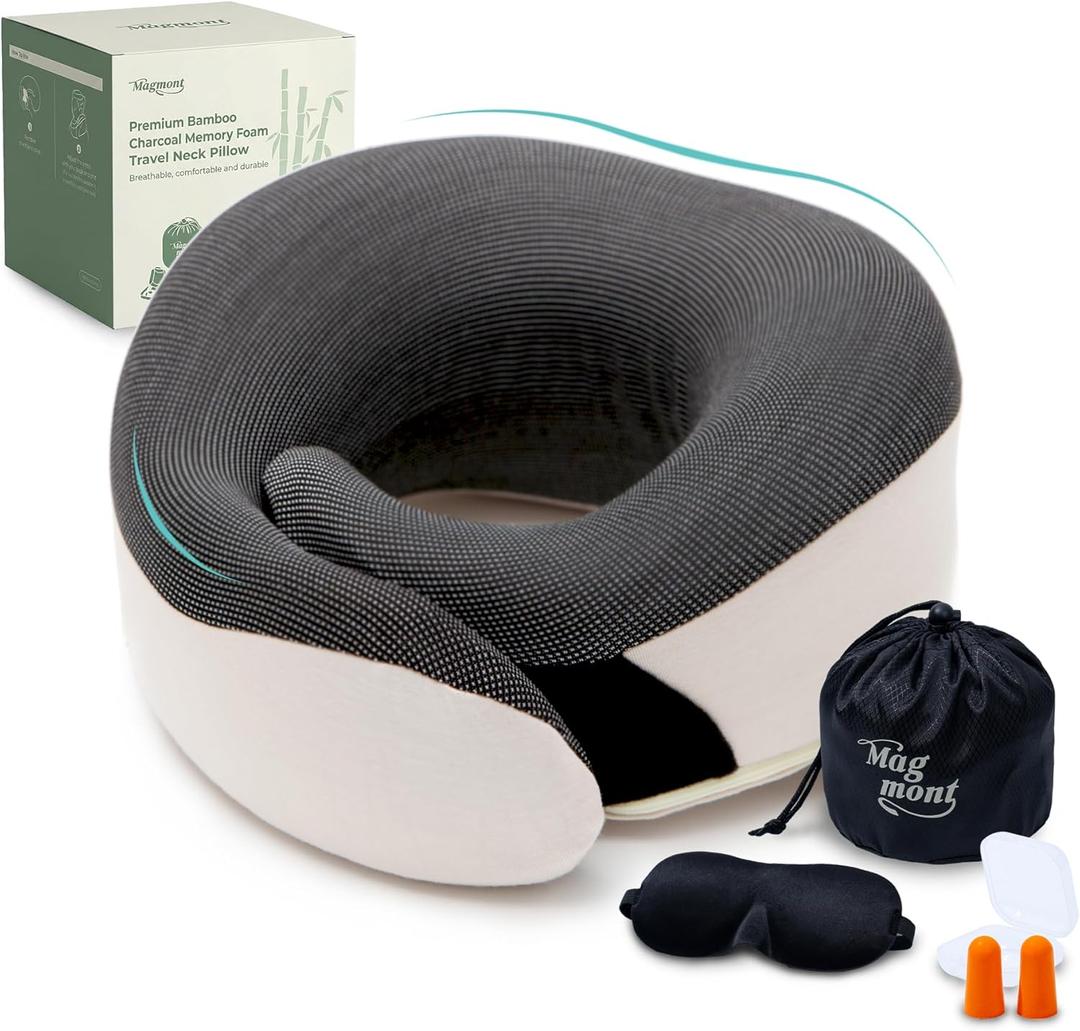 Neck Pillow for Traveling - Bamboo Charcoal Memory Foam with 360 Chin Support for Airplane, Soft & Breathable, Seamless Design, Removable Cover, Travel Accessories Included, One size