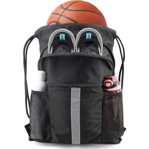 BeeGreen Drawstring Backpack Bag with Shoe Compartment, X-Large Black Gym Sports String Cinch Backpack
