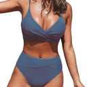 CUPSHE Women's Bikini Sets Two Piece Swimsuit High Waisted V Neck Twist Front Adjustable Spaghetti Straps Bathing Suit (Large, Blue)