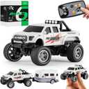 Power Monster Truck with Camping Trailer, 1:64 Scale Die-Cast Alloy, Remote Control Car with LED Lights, 2.4GHz, 3-Speed, for Kids 4-8 Years (White)