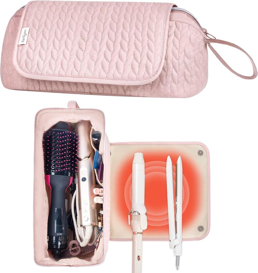 Hair Tools Travel Bag Karsyon Heat Resistant Mat Case Hot Tools Straightener, Curling Iron,Hair Dryers,Haircare Accessories Travel Essentials for Women 2 in 1 Organizer Bags (Pink)