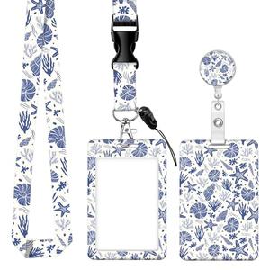 ID Badge Holder with Retractable Badge Reel Clip and Lanyard, Cute Card Name Tag Lanyard Vertical ID Protector Bage Clips for Nurse Doctor Teacher Student(Sea Shells Fossils Starfish)