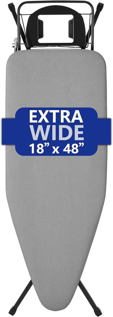 BKTD Extra-Wide Ironing Board 48"18" Large Surface (57" w/Iron Rest) Built-in Clothes Rack, Hanger & Cord Holder Heat-Resistant Cover Heavy-Duty, No Wobble Adjustable Height Black Grey.