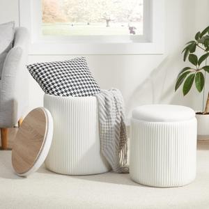 Royal Windsor Round Ottoman with Storage Set of 2,Vanity Stool with Storage for Bedroom, Ottoman Coffee Table,Small Velvet Foot Stool for Living Room, White, 14.8"D x 14.8"W x 17.3"H