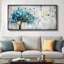 Framed Large Tree Wall Art, Blue and Gold Abstract Tree of Life Canvas Painting Print Artwork for Walls, Modern Golden Butterfly Picture for Living Room Bedroom Dining Room Hallway Wall Decor, 20x40