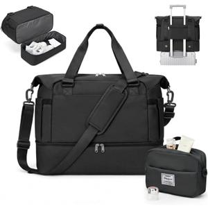 Weekender Bags for Women, Travel Duffel Bag with Shoe Compartment & Wet Pocket, Carry On Personal Item Overnight Tote Duffle Bag for Airlines - Black