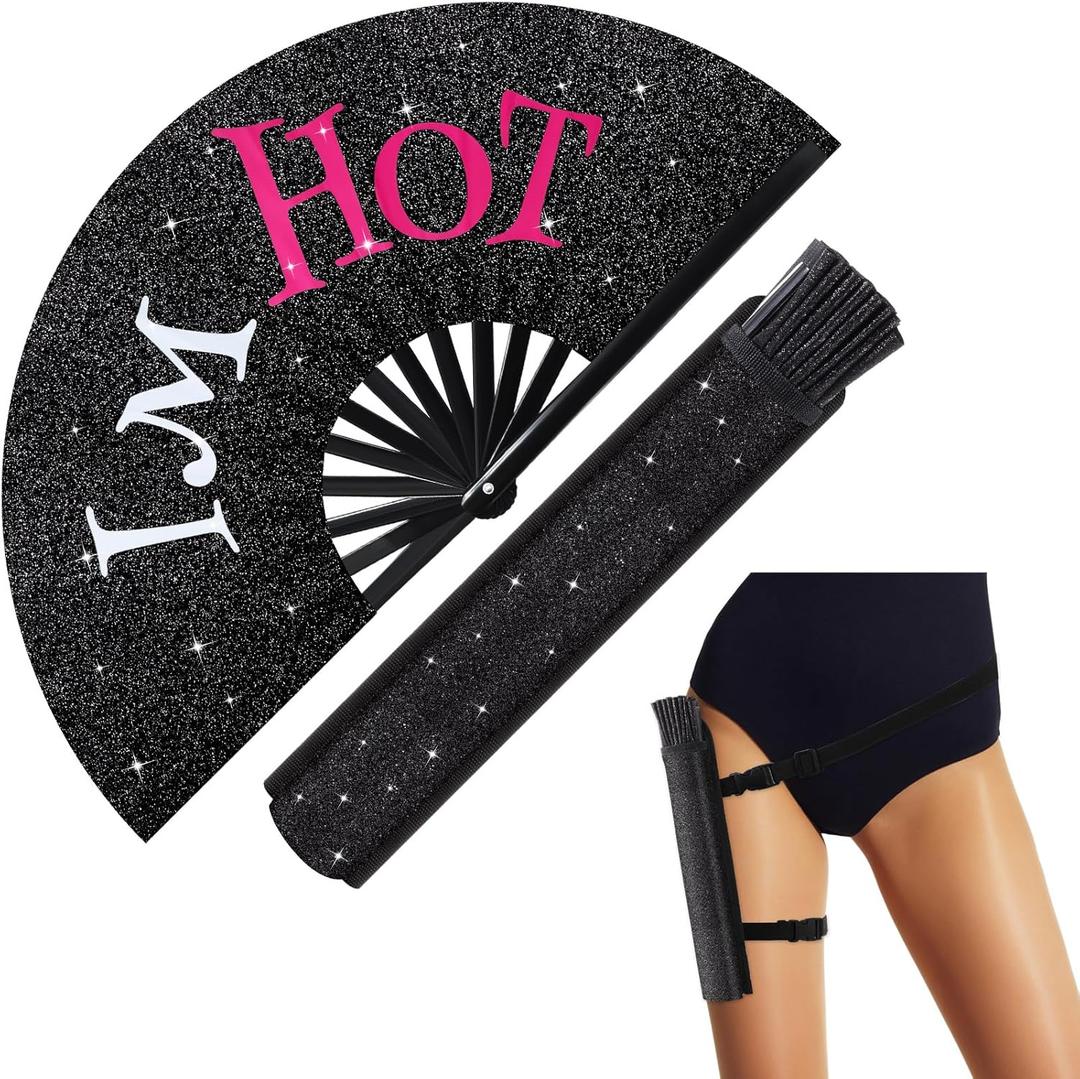 Large Rave Fan UV Glow Hand Fan with Holster for Men/women, Disco Party Favor for Edm Music Festival Club Rave Accessories(I'm Hot)