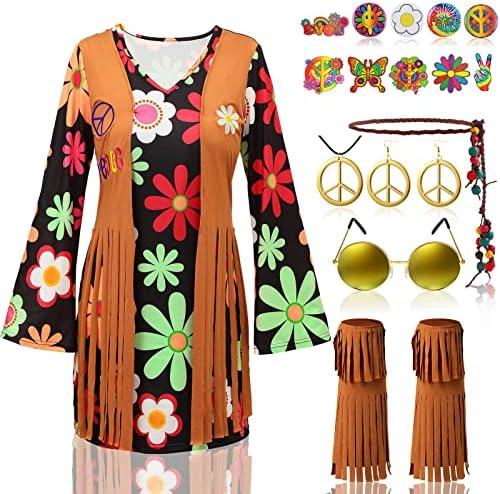 60s 70s Outfits for Women Hippie Costume Set Disco Dress Peace Sign Earring Necklace Headband Sunglass, 2XL