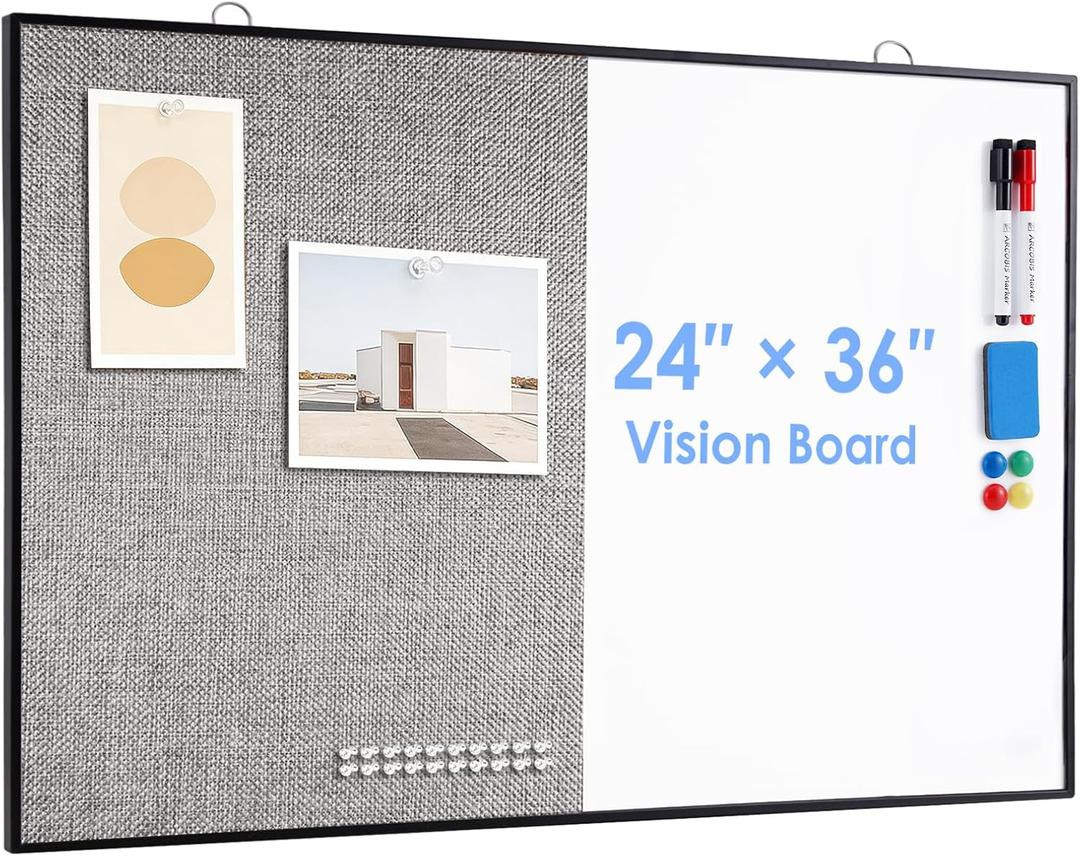 ARCOBIS Cork Board White Board Combo, 36"X24" Linen Bulletin Board Whiteboard for Wall, Magnetic Dry Erase Corkboard for Home, Office, School, Grey