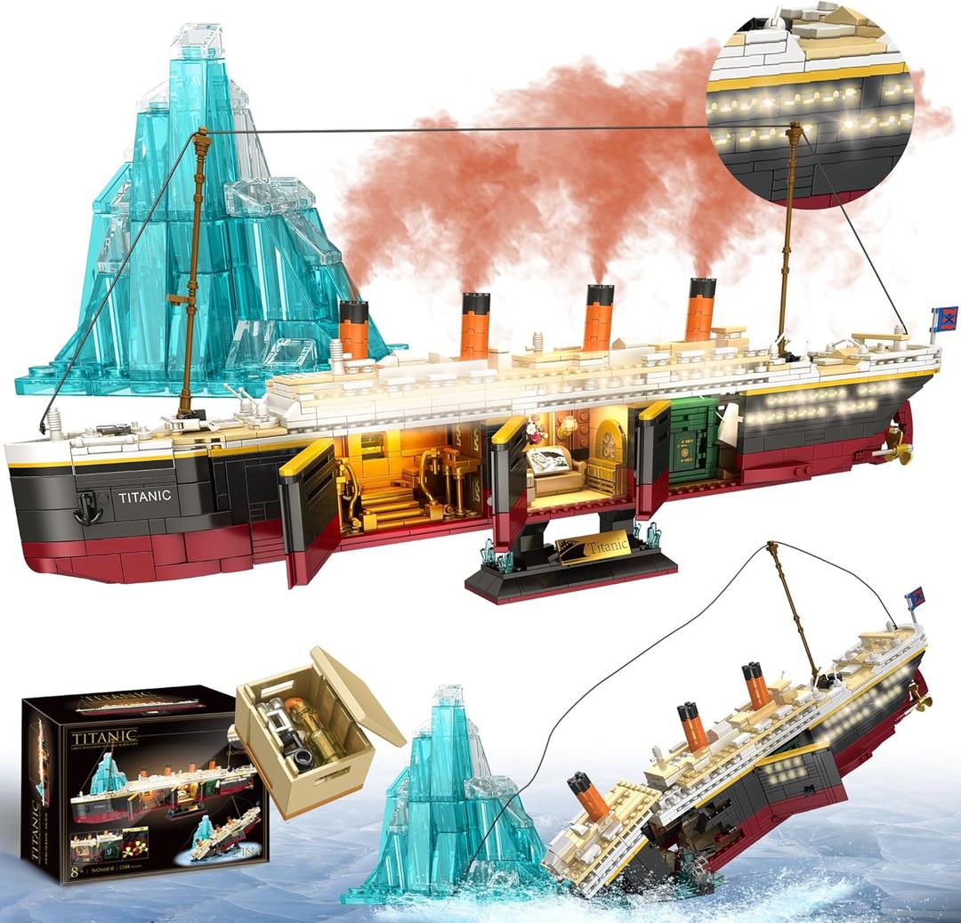 Titanic Building Blocks Set, 2288 Pieces Big Ship Block Model Set with Light Strip, Glacier, Ideal Gift for Adults
