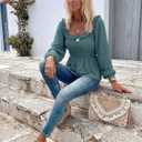 Womens Puff Long Sleeve Babydoll Tops Square Neck Ruffle Peplum Blouse Smocked Loose Fit Tunic Top Dressy Tee Shirts (Medium, Green)