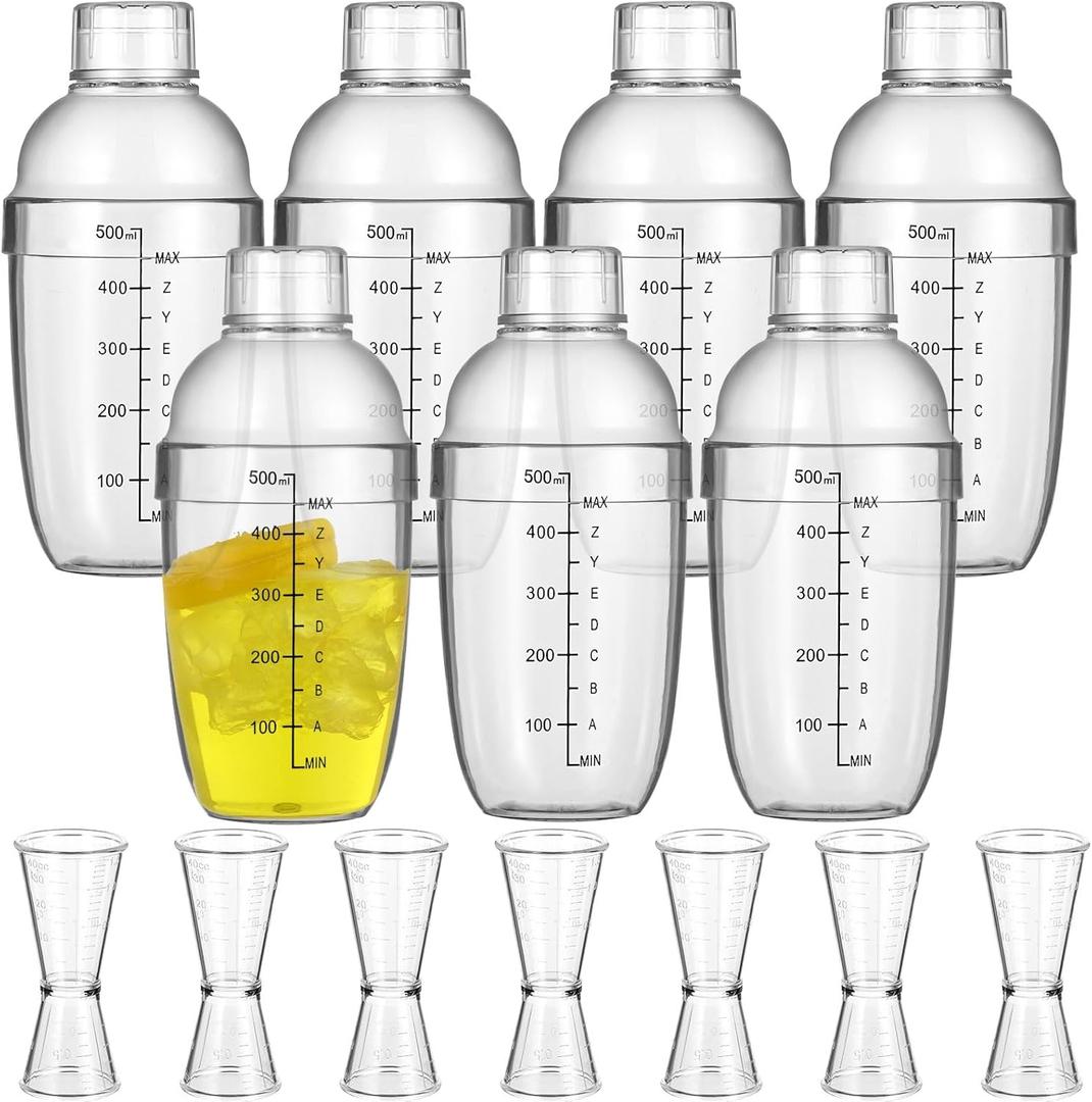 7 Pcs Plastic Cocktail Shaker Set Drink Mixer with Mark Clear Drink Cocktail Shaker and Measuring Jigger Set Ounce Cup Clear for Bar Party Home Use Wine Bar(17oz)