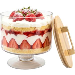 Trifle Bowl with Pedestal and Lid, Large Salad Bowl, Crystal Clear Glass, Wood Lid with Convenient Handle and Sealing Ring, for Laying Layered Dessert, Ice Cream and Cake, Ideal for Party Displays