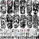 82 Sheets Temporary Tattoo for Men Women Adults, Include 12 Sheets Black 3D Half Sleeve Temporary Tattoos, Halloween Tattoos Scary Lion Wolf Tiger Skull Skeleton Tattoos Stickers