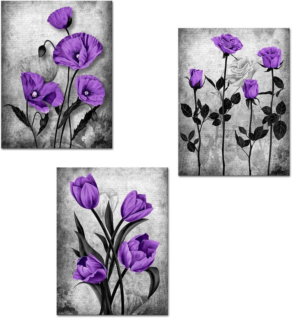 DuoBaorom Rose Poppy Picture Purple Grey Floral Canvas Print Bedroom Decor